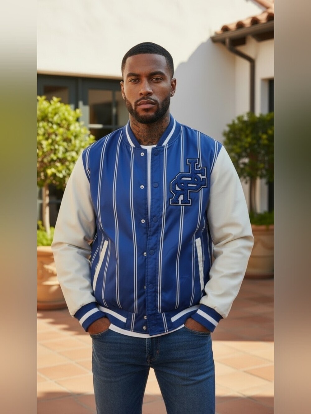 Ring of Fire Blue White Varsity Letterman Jacket Striped Baseball Bomber Sm